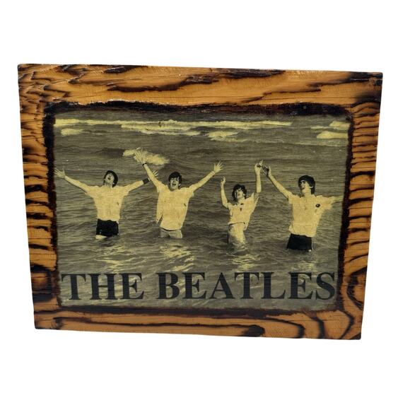 Other - VTG The Beatles Wood Plaque Miami 1964 Beach Photo Burned Edge Handmade Decor